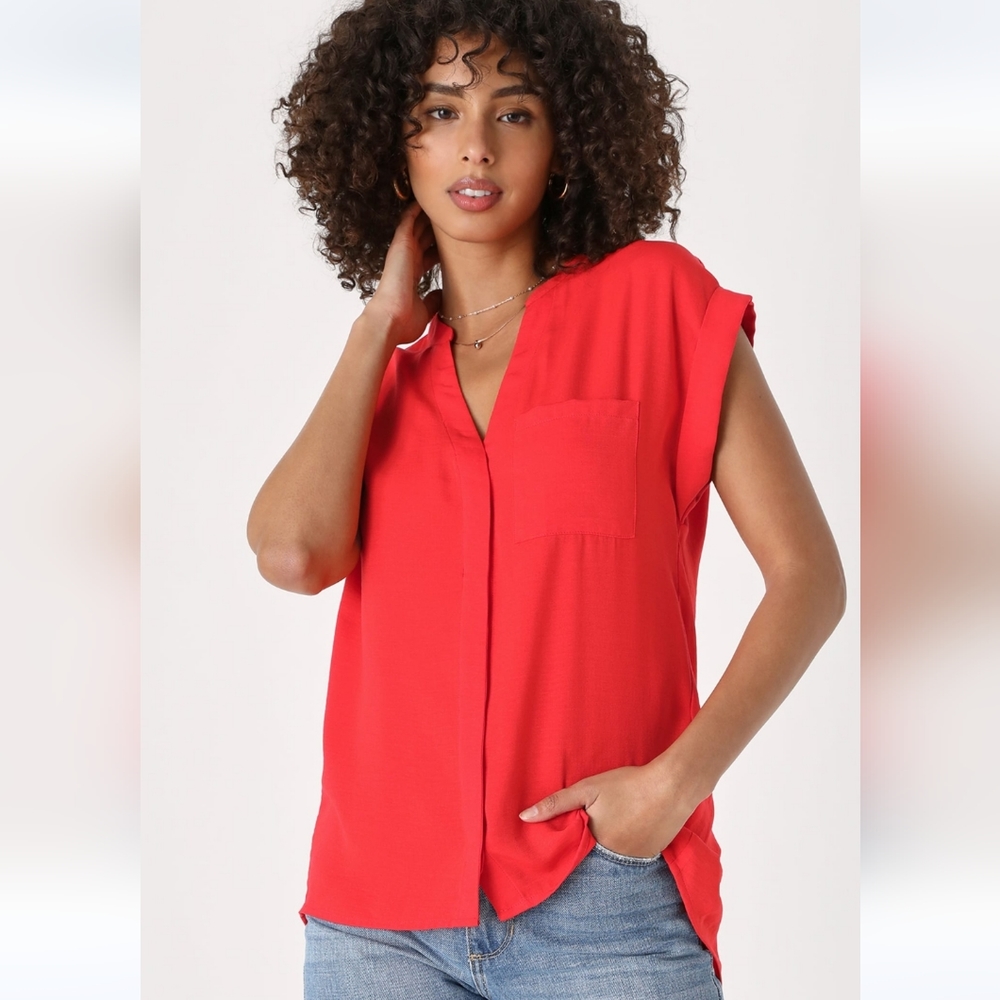 Lulu's Easy Mood Red Orange Short Sleeve Button-Up Top, EUC, M